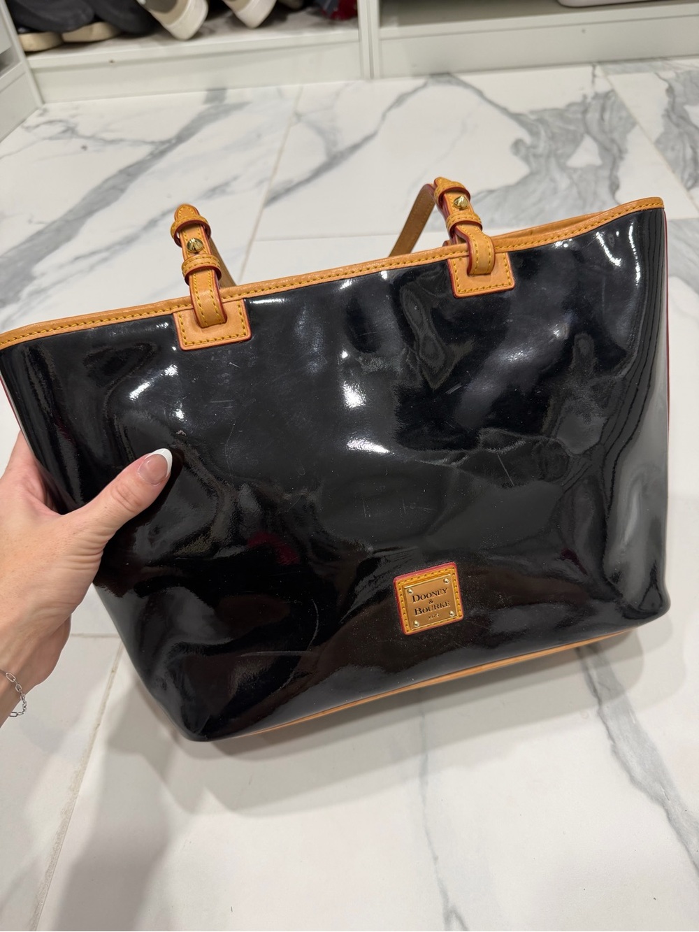 Dooney & Bourke Black Patent Leather Tote Shoulder Bag Tan Trim